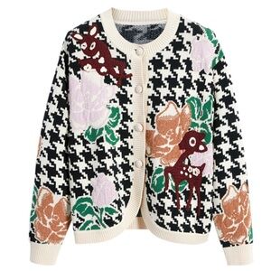 UOOYAA PATCHWORK Sweater Hand Knitted Deer Floral Cardigan Woodland Sz S NEW